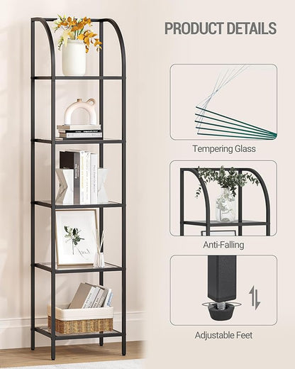 Bookcase Bookshelf, Tempered Glass Arched Bookshelf for More Storage, Slim Shelving Unit for Bedroom, Bathroom, Home Office, Steel Frame, 5 Tier Black BC20599B