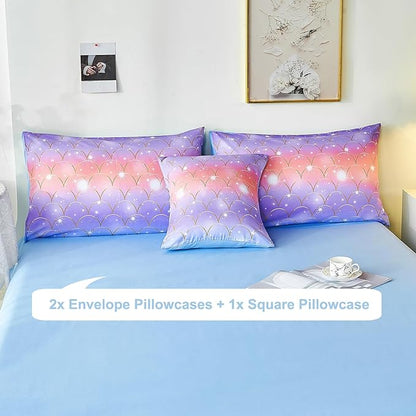 PERFEMET Mermaid Scales Queen Comforter Set 6 Pieces Purple Orange Comforter for Queen Size Bed Teen Girls Glitter Bedding Set Rainbow Tie Dye Bed in A Bag