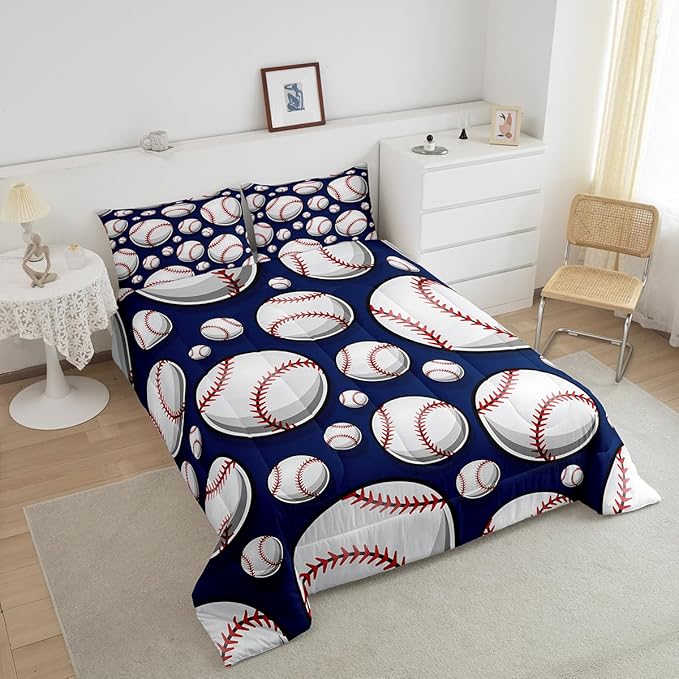 Baseball Bedding Set Sports Theme Comforter Set for Kids Boys Girls Teens 3D Blue Ball Pattern Comforter Breathable Baseball Games Duvet Set Room Decor Quilt Set Queen Size