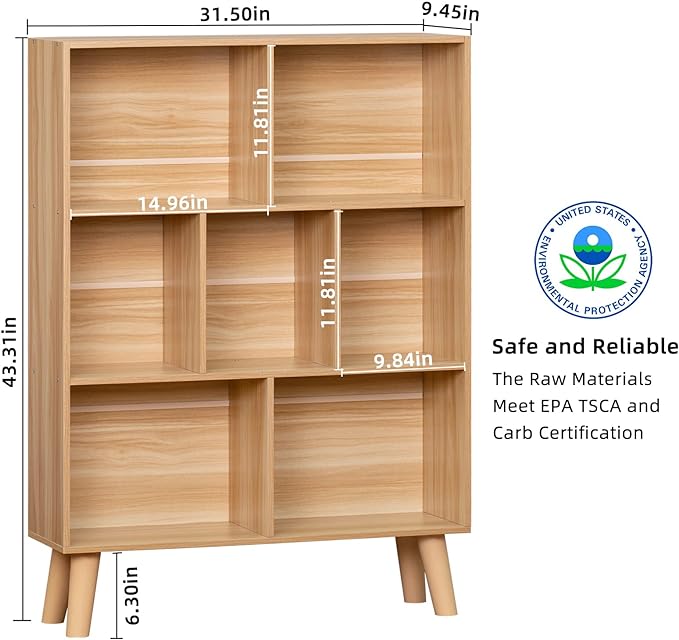 LEYAOYAO Wooden 7 Cube Book Shelf, Natural 3 Tier Bookshelf with Legs, Modern Open Storage Organizer,Boho Bookcase,Display Cabinet Shelf Free Standing Bookshelves for Bedroom,Living Room,Office