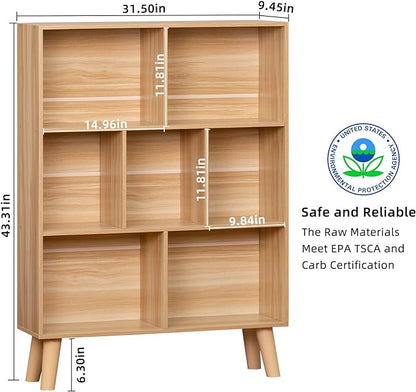 LEYAOYAO Wooden 7 Cube Book Shelf, Natural 3 Tier Bookshelf with Legs, Modern Open Storage Organizer,Boho Bookcase,Display Cabinet Shelf Free Standing Bookshelves for Bedroom,Living Room,Office