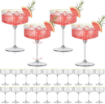 24 Pcs Ribbed Martini Glasses Plastic 10oz Champagne Martini Glasses Espresso Martini Glass Gold Rim Vintage Coupe Glass Margarita Glasses Disposable Clear Glassware Dessert Cup for Christmas New Year