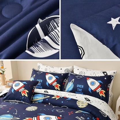 8 Piece Kid Comforter Set Twin Size Bed in a Bag, Space Rocket Bedding Set for Teen Boys Girls