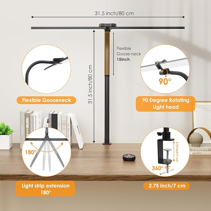 LED Desk Lamp for Home Office, 24W Double Head Architect Desk Lamp with Clamp, Remote Control, Adjustable Gooseneck, Stepless Dimming and Tempering Desk Light for Reading Study Drafting
