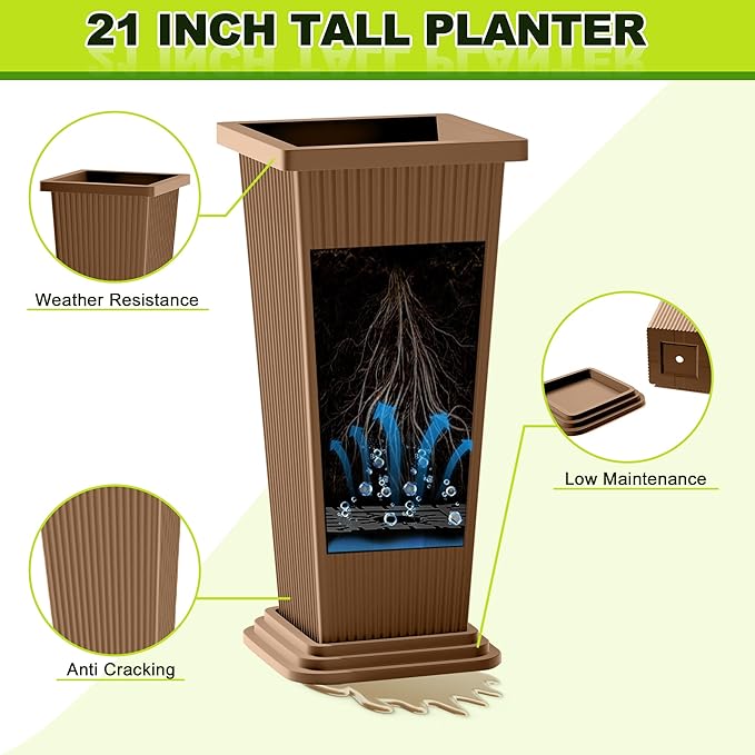 FENCY Set of 2 Tall Planters for Outdoor Plants, 24 Inch Large Tapered Pots with Drainage Trays, Weather-Resistant Plastic Plant Containers for Patio, Porch, Garden, Front Door Decor,Brown, Striped