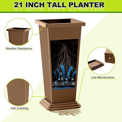 FENCY Set of 2 Tall Planters for Outdoor Plants, 24 Inch Large Tapered Pots with Drainage Trays, Weather-Resistant Plastic Plant Containers for Patio, Porch, Garden, Front Door Decor,Brown, Striped