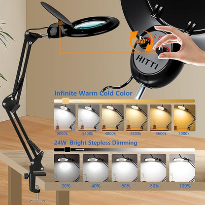 【Upgrade Head Dual Dimmer】 10X Magnifying Glass with Light and Stand, HITTI 2-in-1 LED Lighted Magnifier Large Base & Clamp, Infinite Color Stepless Dimming Magnifying Lamp for Painting Craft Reading