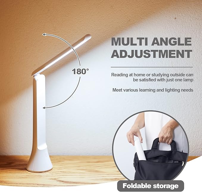 Rechargeable Desk Lamp, Foldable Portable Battery Operated Desk Lamp for Home Office, 2500mAh Cordless LED Desk Lamp with Flashlight Function, Eye Protection Study Lamp (White)