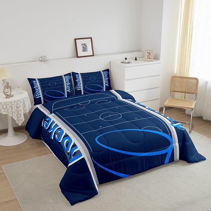 Feelyou Kids Hockey Player Comforter Set Queen Size Ice Hockey Bedding Set for Boys Girls Teens Bedroom Decor Ice Sports Games Comforter Puck Hockey Duvet Set with 2 Pillow Case