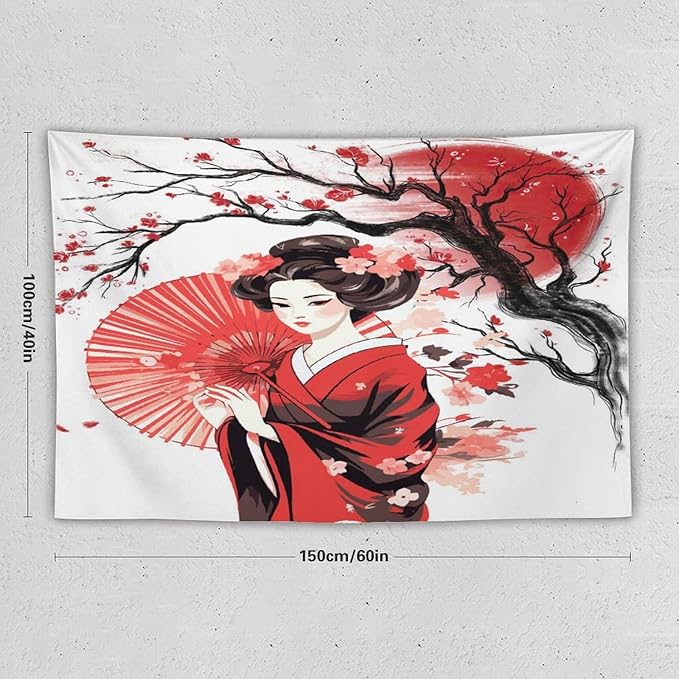 Japanese Red Geisha Tapestry Asian Cherry Blossom Traditional Kimono Folk Tapestries Home Decor for Living Room Bedroom Apartment Farmhouse Dorm 60"x40"