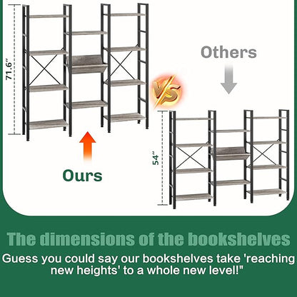 Shintenchi Industrial Bookcase,71.6” Triple 4 Tier Bookshelf with 11 Open Display Shelves,Large Etagere Bookshelf Open Record Player Shelves,Wide Book Shelf Book Case for Home & Office, Grey