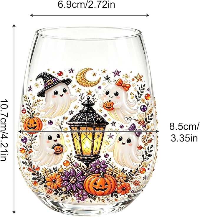 3D Halloween Autumn Glass Art Cup,Stemless Holiday Glassware Collection | Fantasy Fall Witch Wine Glasses,Holiday Printed Table Ornaments,Magical Halloween Home Decor Gifts for Various Beverages