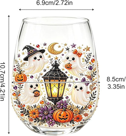 3D Halloween Autumn Glass Art Cup,Stemless Holiday Glassware Collection | Fantasy Fall Witch Wine Glasses,Holiday Printed Table Ornaments,Magical Halloween Home Decor Gifts for Various Beverages