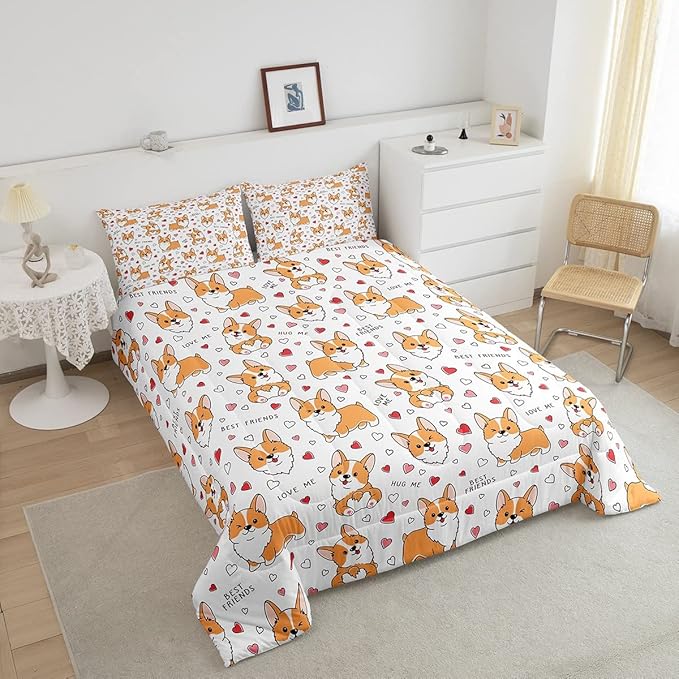 Kids Kawaii Corgi Comforter Set Toddler Cute Dog All Season Down Comforter Boys Girls Cartoon Puppy Dog Bedding Set Lovely Animal Quilt Set Room Decor 3Pcs with 2 Pillow Case Full Size