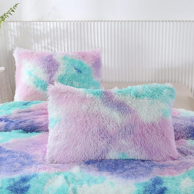 WINLIFE Shaggy Bedding Comforter Set Faux Fur Flannel Furry Comforter Plush Comforter Sets Pastel Gradient Ombre Tie Dye Purple Blue Teal Bedding for Girls Adults (3Pcs, Twin, Teal Purple)
