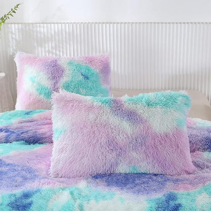 WINLIFE Shaggy Bedding Comforter Set Faux Fur Flannel Furry Comforter Plush Comforter Sets Pastel Gradient Ombre Tie Dye Purple Blue Teal Bedding for Girls Adults (3Pcs, Twin, Teal Purple)