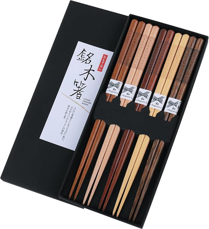 Reusable Chopsticks，GLAMFIELDS Japanese Natural Wooden 5 Pairs Hand-Carved Classic Style Lightweight Safe Chop Sticks 8.8 Inch/22.5cm Gift Set