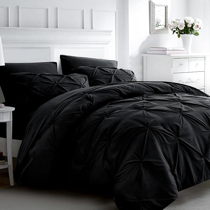 Ubauba 7pc Full Size Comforter Set with Sheets, Pinched Pleat 7 Piece Bed in a Bag Black Bed Set with Comforter, All Season Pintuck Bedding Sets (Black,Full)
