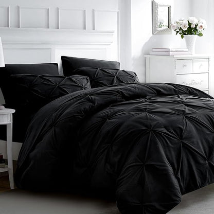 Ubauba 7pc Full Size Comforter Set with Sheets, Pinched Pleat 7 Piece Bed in a Bag Black Bed Set with Comforter, All Season Pintuck Bedding Sets (Black,Full)