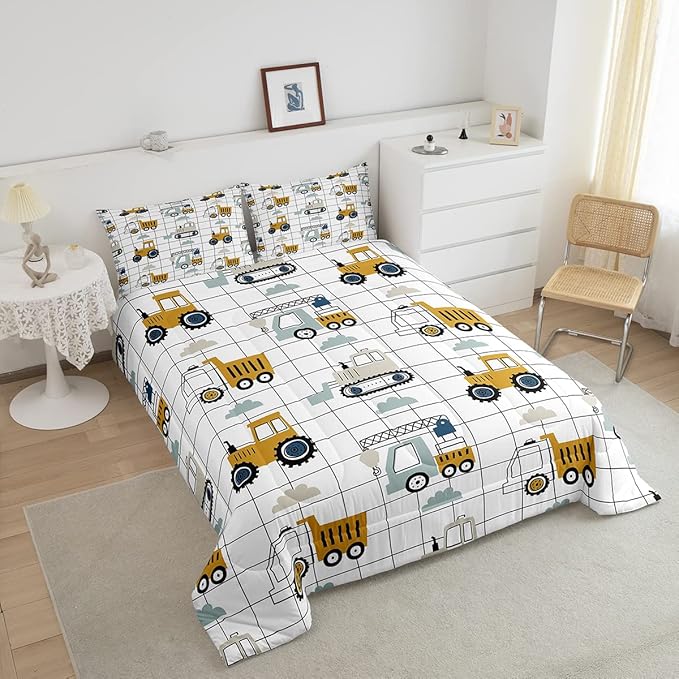 Feelyou Kids Cartoon Car Comforter Set Boys Cute Excavator Tractor Comforter Construction Bedding Set Vehicles Truck Cars Quilt Black White Grid Duvet Set Bright Decor King Size Boys