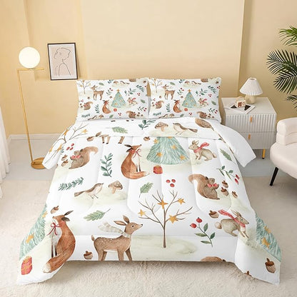 Wild Animal Comforter Queen Size,Rabbit Deer Comforter Set for Kids Teens Girls Boys,3Pcs Bedding Set Printed Comforter with 2 Pillowcases,Down Alternative,Soft and Lightweight，Queen Size