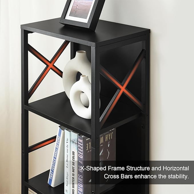 Bookcase, Industrial Small Bookshelf,4-Tier Narrow Bookcase Storage Organizer, Small Book Shelf for Small Spaces, Living Room, Bedroom and Home Office, Black