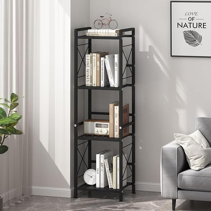 JSB 4 Tier Metal Bookshelf Bathroom Storage Standing Shelf Unit Kitchen Storage Organizer Display Rack Bookcases Shelves for Living Room, Bedroom, Office (Black, 4 Tier)