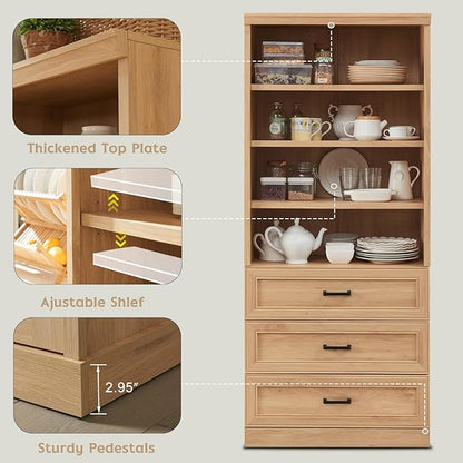 72" Tall Bookshlef with 3 Drawers, Farmhouse 4-Tier Bookcase with Adjustable Shlef, Wooden Storage Cabinet for Living Room, Kitchen, Home Office, Dining Room, Natural