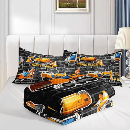 Axolotl Excavator Bedding Set Twin Size,Yellow Excavator Bed Comforter for Kids Boys Teens,Tractor Truck Bedding Set for Boys,Construction Bedding Set for Boys,1 Quilt 2 Pillowcases,Deep Grey