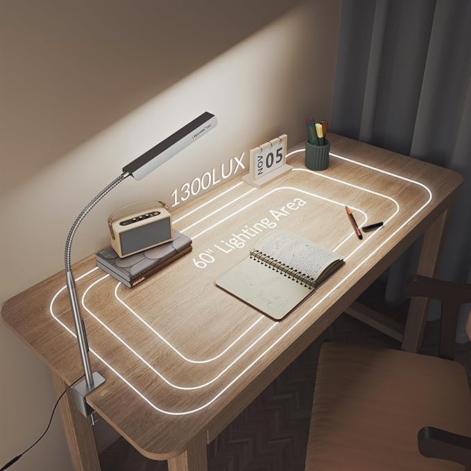 Desk Lamps for Home Office, RG0 Eye-Caring Desk Light, 750LM Desk Lamp, 10 Brightness Touch Table Lamp, 6 Color Temperature, 3 Timer Function, Metal Gooseneck Desk Lamp for Home & Office