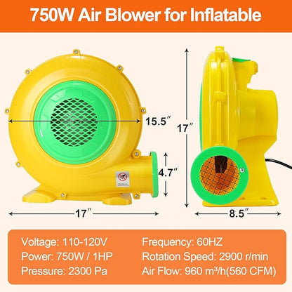 Bounce House Blower, 750W 1HP Commercial Air Blower with Double-Sided Fan Blade Design, Strong Wind and Great Heat Dissipation Properties for Medium and Large Bouncy Castle, Jump Slides, Arch