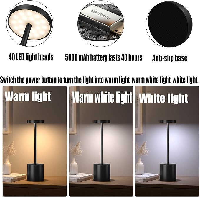 Cordless Table Lamp, Rechargeable LED Battery 5000mAh Metal USB Portable Powered Desk Lamp, 3 Levels Brightness Light for Restaurants Outdoor (10.25in Black)