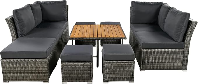 9 Piece Patio Furniture Set with Solid Wood Coffee Table and Ottomans, Rattan Modular Outdoor Sectional Conversation Sofa, for Garden Backyard, Onesize, Gray
