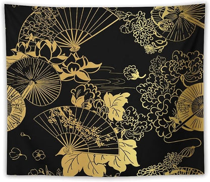 HZOHNAGO Japanese Tapestry Gold Flowers Umbrella Fan Pattern Printed Wall Tapestry Painting Wall Hanging for Bedroom Living Room Dorm 60" W x 50" H