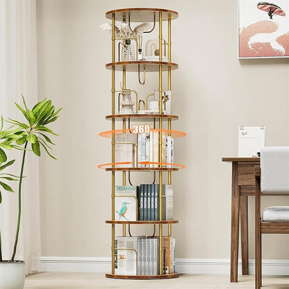 5 Tier Rotating Bookshelf, 360 ° Display Stackable Spinning Bookshelf Tower, Narrow Space Saving Tall Floor Standing Swivel Bookcase Corner Storage Organizer for Bedroom, Living Room, Gold
