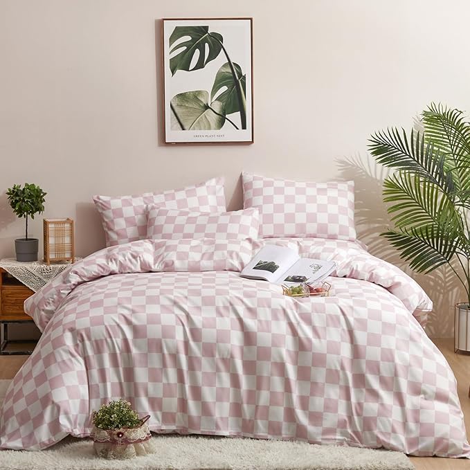 Pink White Grid Comforter Set Twin Pink Plaid Bedding Set Girls Pink and White Checkered Bed Comforter Set Breathable Blanket Set Kids Durable Bedding Comforter Set