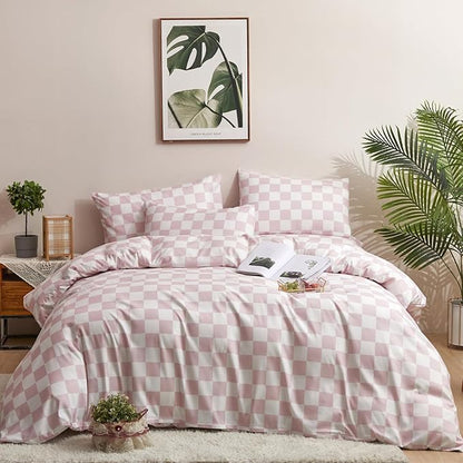Pink White Grid Comforter Set Twin Pink Plaid Bedding Set Girls Pink and White Checkered Bed Comforter Set Breathable Blanket Set Kids Durable Bedding Comforter Set