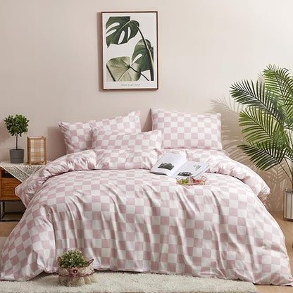 Pink Grid Comforter Full Pink Plaid Bedding Set Girls Pink White Checkered Bed Comforter Set Breathable Blanket Set Kids Durable Bedding Comforter Set