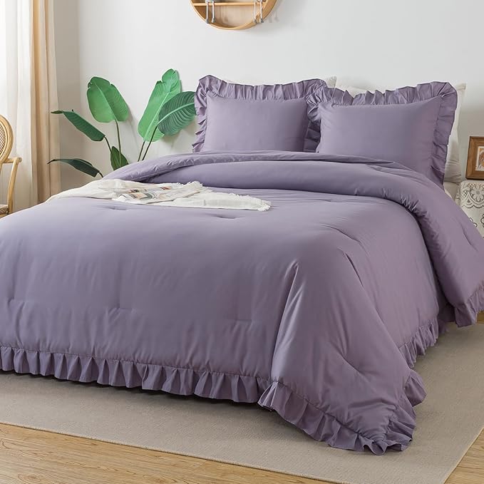 Andency California King Comforter Sets Grayish Purple (104x96Inch), 3 Pieces Cal King Ruffle Comforter, Oversized Farmhouse Shabby Chic Bed Comforter, Lightweight Soft Microfiber Bedding Set