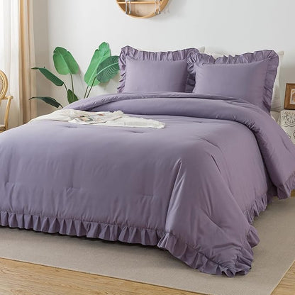 Andency Grayish Purple Ruffle Comforter King, 3 Pieces Solid Farmhouse Shabby Chic Comforter, Lightweight Soft Microfiber Vintage Rustic Bedding Sets All Season (104x90Inch Comforter)