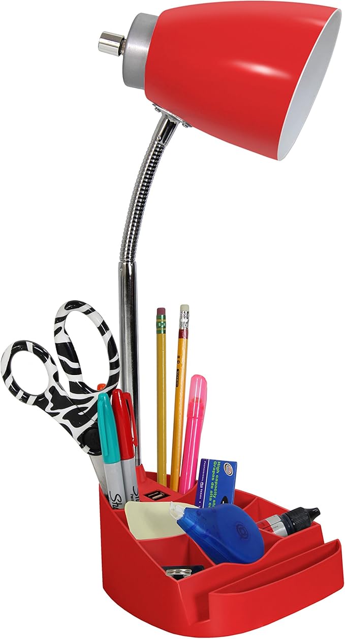 Simple Designs LD1056-RED Gooseneck Organizer Desk Lamp with iPad/Tablet Stand or Book Holder and USB Port, Red