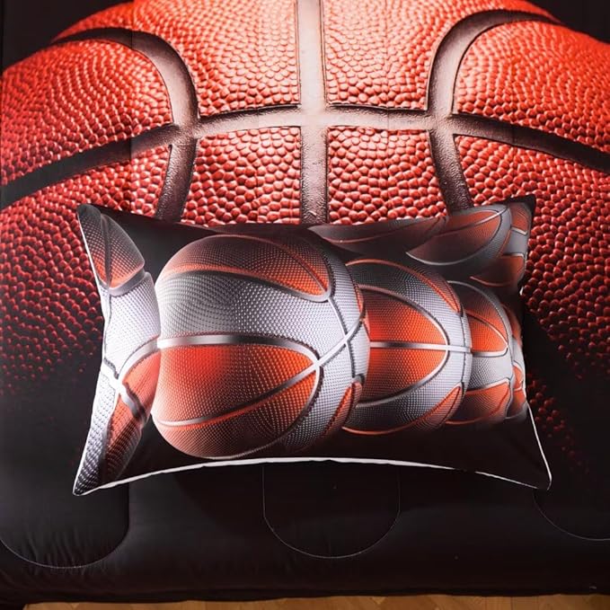 Teens Boys Sports Comforter Set Queen,Basketball Bedding Set for Kids,Sports Orange Basketball Comforter Sets,Black Teenage Boy Bedroom Bed Set 3 Pieces with Pillowcases