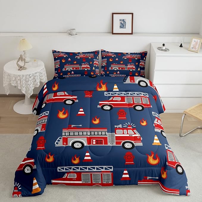 Cartoon Car Bedding Set Fire Truck Comforter Set for Kids Boys Girls Teens Room Decor Firefighter Comforter Firemen Car Vehicle Fire Engine Blue Red Duvet Set 3Pcs Full Size