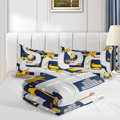 Axolotl Cartoon Excavator Bedding Set Twin,Tractor Truck Bedding Set,Boys Construction Bedding Set,Yellow Vehicles Truck Comforter Construction Site Decor for Kids Boys Teens,1 Quilt 2 Pillowcases