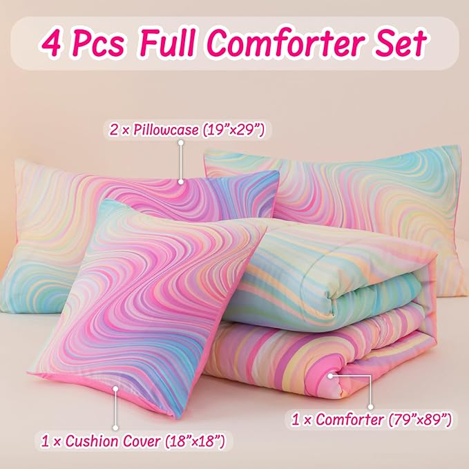 4 Pcs Pink Full Comforter Set for Girls, Tie Dye Superior Kids Teen Bedding Sets, Blue Pink Rainbow Full Size Bedding Set for Girls