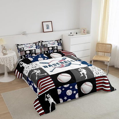 Teen Boy Sports Baseball Full Bedding Set,Kids Baseball Athlete Comforter Set,Grunge Hippie Tie Dye Ball Bed Comforter Sets Room Decor Patchwork Pattern 2 Pillow Cases（Red Blue Black White Grey）