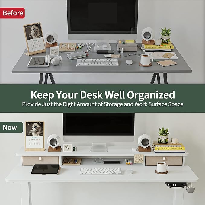 FEZIBO 60 x 24 Inch Height Adjustable Electric Standing Desk with Double Drawer, Stand Up Desk with Storage Shelf, Sit Stand Desk, White