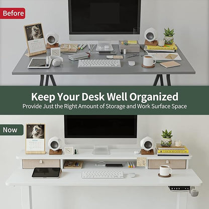 FEZIBO 60 x 24 Inch Height Adjustable Electric Standing Desk with Double Drawer, Stand Up Desk with Storage Shelf, Sit Stand Desk, White