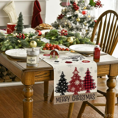 Artoid Mode Red Pine Trees Merry Christmas Table Runner, Winter Xmas Holiday Kitchen Dining Table Decoration for Home Party Decor 13x48 Inch