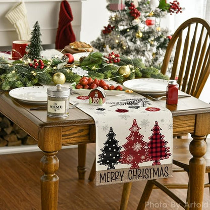 Artoid Mode Red Pine Trees Merry Christmas Table Runner, Winter Xmas Holiday Kitchen Dining Table Decoration for Home Party Decor 13x90 Inch